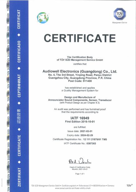 Chiny Audiowell Electronics (Guangdong) Co.,Ltd. Certyfikaty